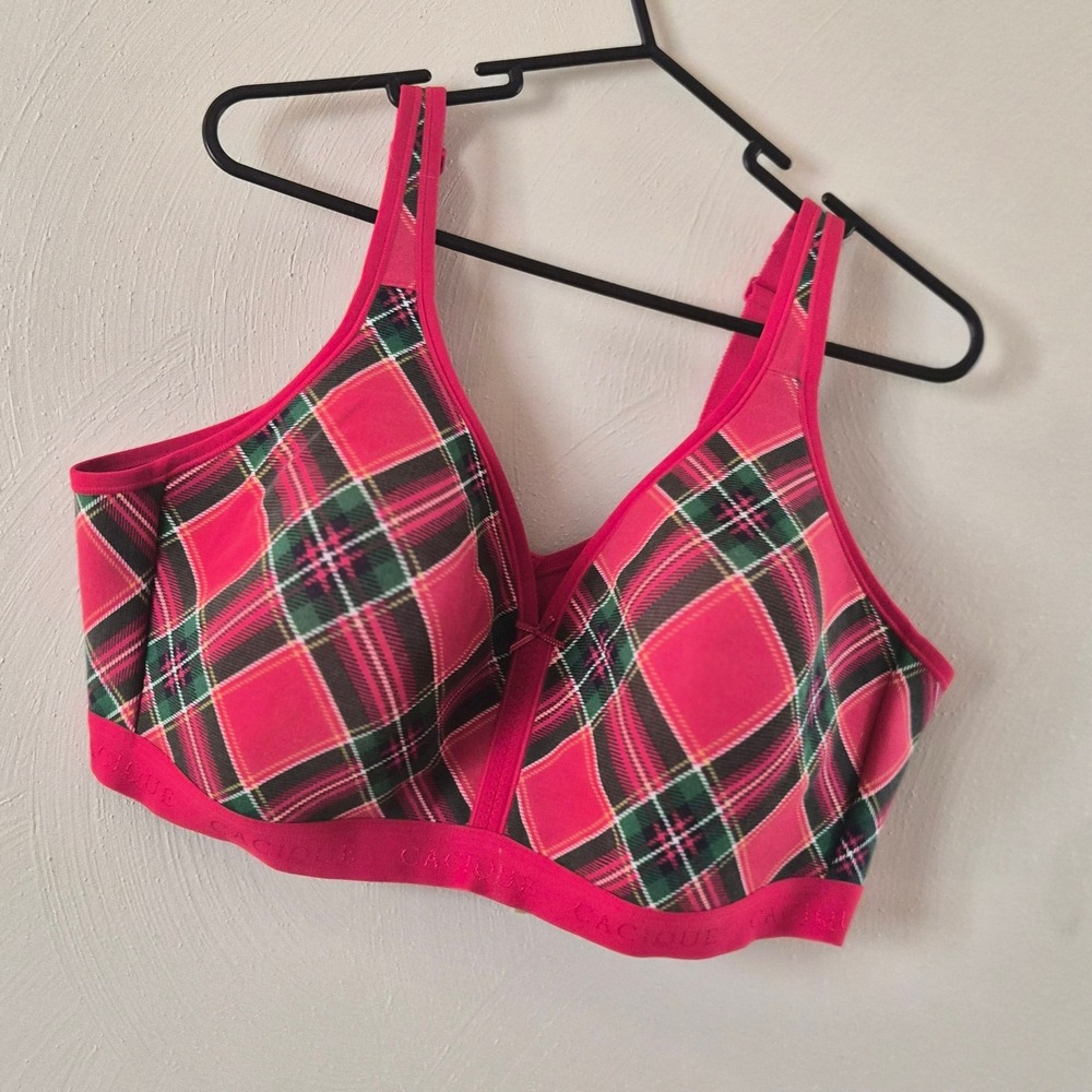 Cacique Lane Bryant 46D Plaid Wire Free Bra Red Tartan Lined Bralette Cabincore
